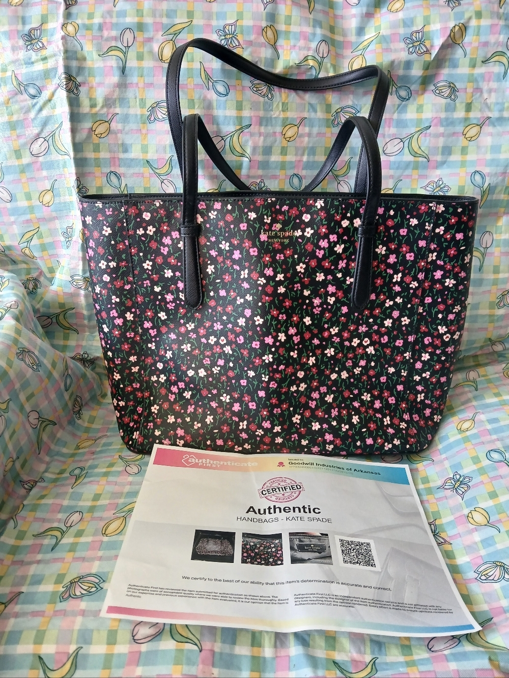 Kate Spade Black Floral Print Tote. W Her Certificate. And A Dustbag